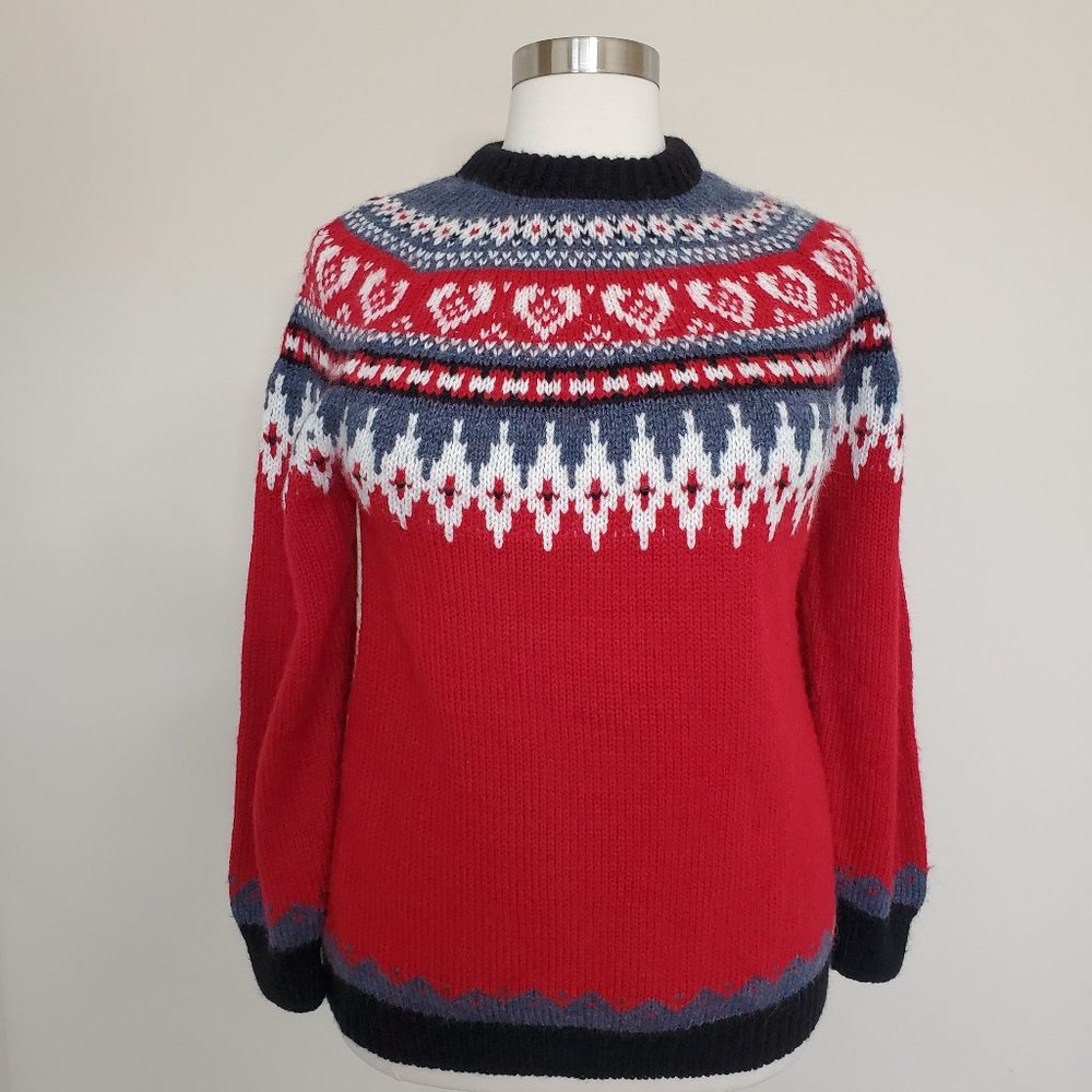 Alpaca Connection Peru Red White Black Handmade Knit Pullover Sweater Size M/L